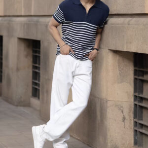 Blue Knitted Stripe Polo T-Shirt