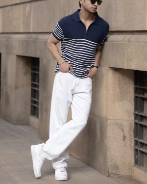 Blue Knitted Stripe Polo T-Shirt