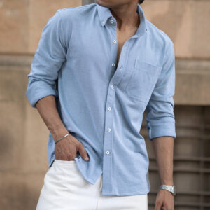 Blue Knitted Button Down Shirt