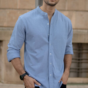 Blue Knitted Mandarin Collar Shirt