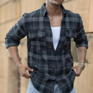 Black Structured Double Pockets Checked Shirt