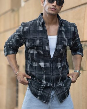 Black Structured Double Pockets Checked Shirt