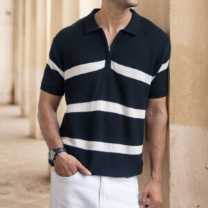 Black Striped Knit Polo T-Shirt