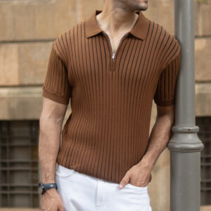 Brown Striped Knit Polo T-Shirt