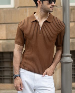 Brown Striped Knit Polo T-Shirt