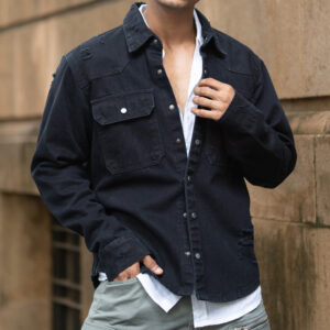 Black Distressed Denim Overshirt