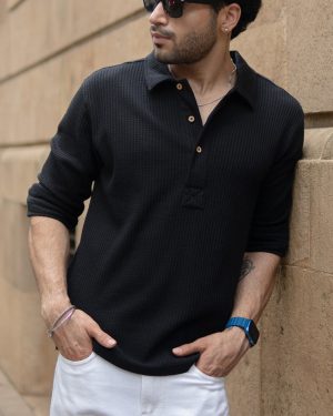 Black Knit Polo Neck Shirt
