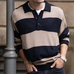 Beige And Black Striped Polo T-Shirt