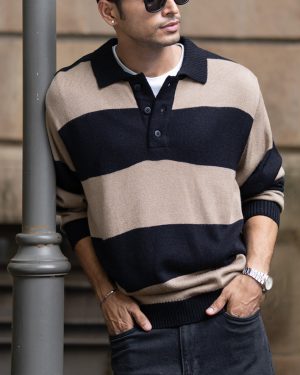 Beige And Black Striped Polo T-Shirt