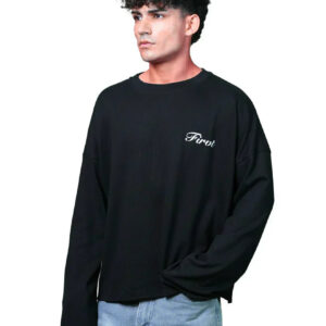 Black Oversized Ribbed T-Shirt with Minimal Text Print
