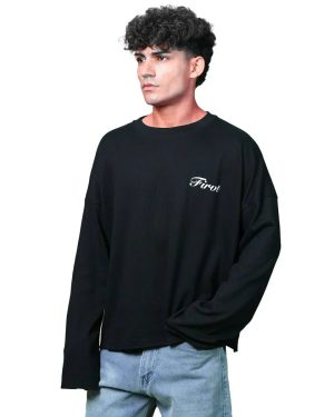 Black Oversized Ribbed T-Shirt with Minimal Text Print