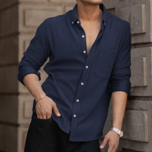 Blue Corduroy Regular Fit Full Sleeves Shirt