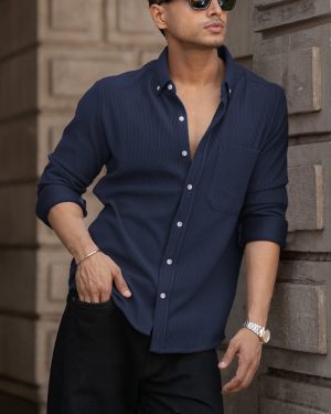 Blue Corduroy Regular Fit Full Sleeves Shirt