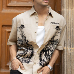 Beige Cowboy Print Boxy Shirt