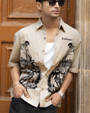 Beige Cowboy Print Boxy Shirt