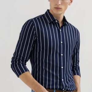Lining Navy Spread Collar Stripe Slim Fit Shirt