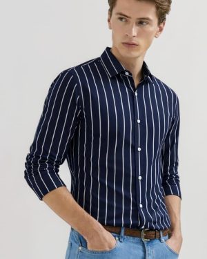 Lining Navy Spread Collar Stripe Slim Fit Shirt