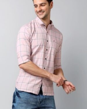 Stylish Pink & White Checkered Cotton Shirt for Men
