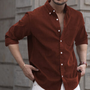 Brown Corduroy Regular Fit Full Sleeves Shirt