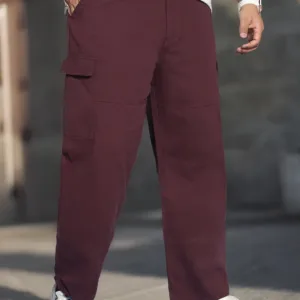 Maroon Textured Waffle Weave Straight Fit Cargo Pants with Flap Pockets