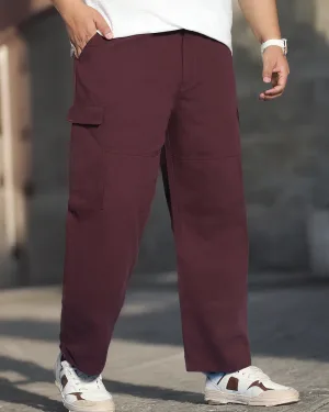 Maroon Textured Waffle Weave Straight Fit Cargo Pants with Flap Pockets