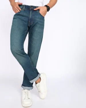 Dk Blue 5 Pocket Mid-Rise Slim Straight Fit Jeans