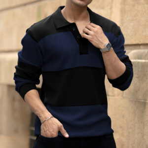 Blue Structured Knit Striped T-Shirt