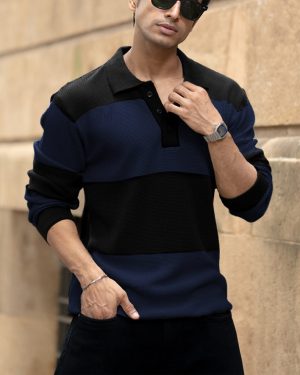 Blue Structured Knit Striped T-Shirt