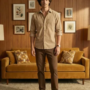 Dark Fawn Regular Fit Full Sleeves Shirt With Zip