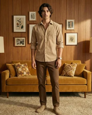 Dark Fawn Regular Fit Full Sleeves Shirt With Zip