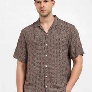 Dark Brown Cuban Printed Oversized Shirt