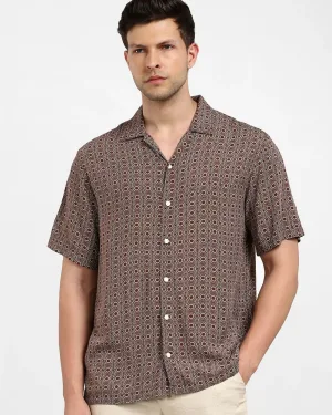 Dark Brown Cuban Printed Oversized Shirt