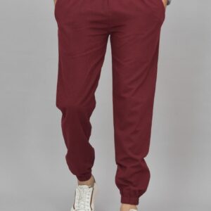 Maroon Textured Waffle Weave Straight Fit Cargo Pants with Flap Pockets