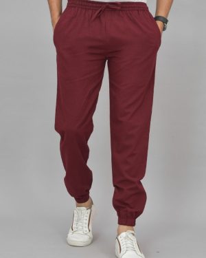 Maroon Textured Waffle Weave Straight Fit Cargo Pants with Flap Pockets