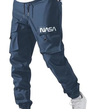 Navy Blue Cotton Relaxed Fit Cargo Pants with Elastic Waist and Utility Pockets