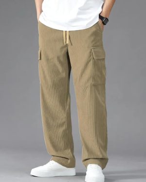 Olive Cotton Relaxed Fit Cargo Pants with Elastic Waist and Utility Pockets
