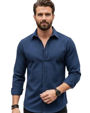 Navy Green Structured Checks Shirt