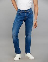 Light Blue 5 Pocket Mid-Rise Slim Straight Fit Stretch Jeans
