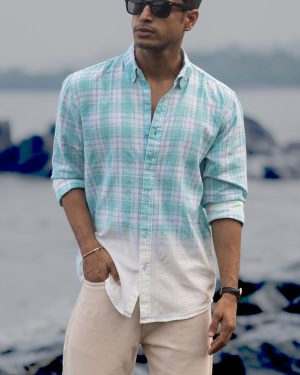 Aqua Blue Light Weight Ombre Checks Shirt