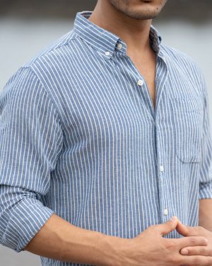 Blue Linen Blend Stripe Shirt