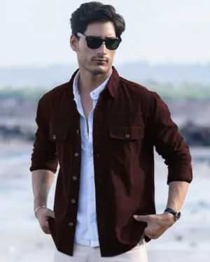 Wine Structured Overshirt With Pockets