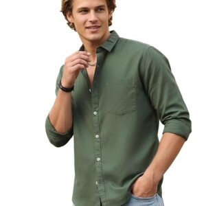 Green Plain Structured Regular Fit Full Sleeves Shirt