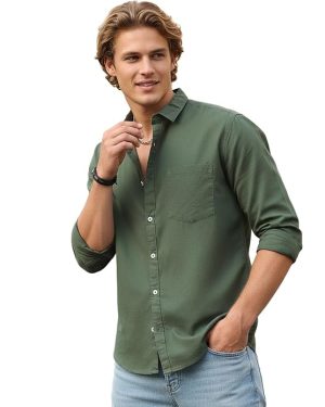 Green Plain Structured Regular Fit Full Sleeves Shirt