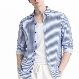 Off White And Blue Striped Regular Fit Full Sleeves Shirt