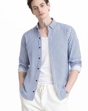Off White And Blue Striped Regular Fit Full Sleeves Shirt