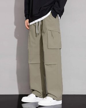 Olive Textured Waffle Weave Straight Fit Cargo Pants with Flap Pockets