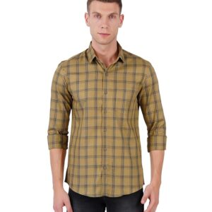 Mustard And Off-White Checks Regular Fit Full Sleeves Shirt