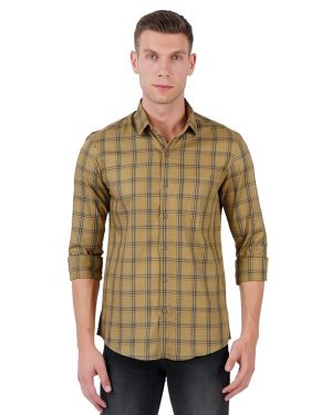 Mustard And Off-White Checks Regular Fit Full Sleeves Shirt