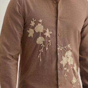 Dark Brown Linen Blend Embroidery Shirt