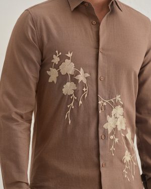 Dark Brown Linen Blend Embroidery Shirt